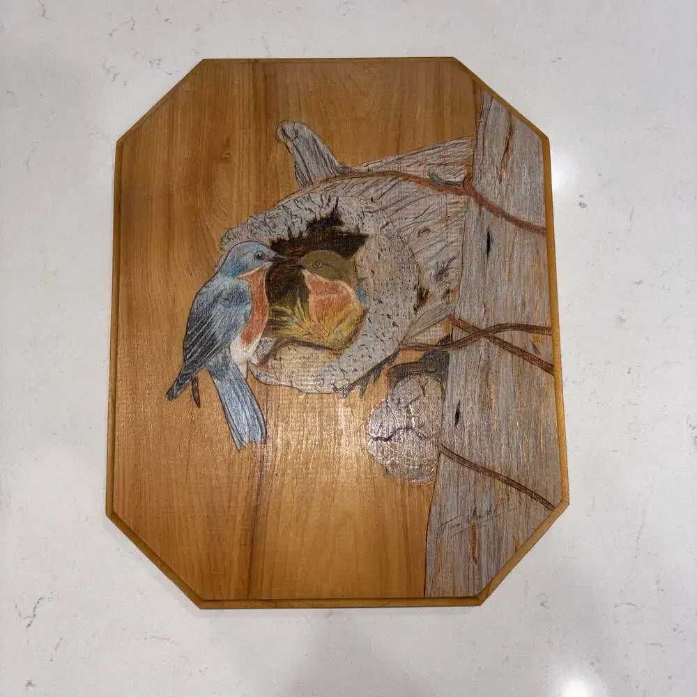 Tom Vandenbosch Handcrafted Bluebirds Wood Burned Pyrography Art Plaque - Picture 1 of 8